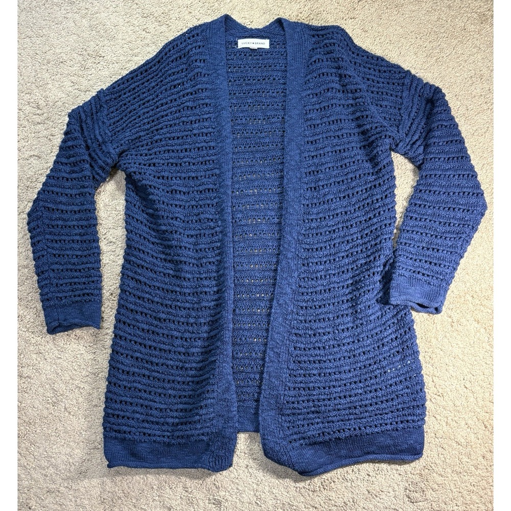 Lucky Brand Cardigan Women Medium Navy Sweater Open Front Preppy‎